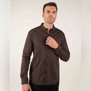 Men’s Black & Brown Long Sleeve Button Down Shirt Deeluxe Original Casual Cotton